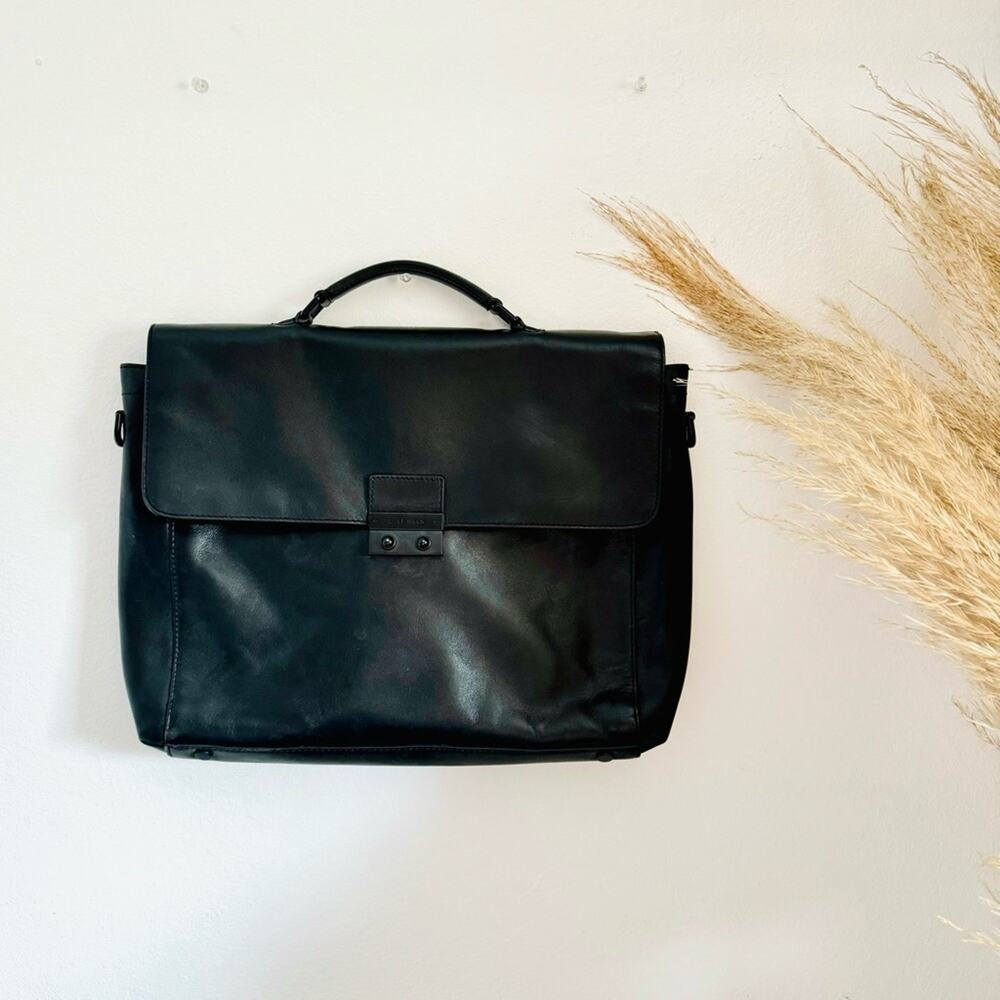 COLE HAAN Black Leather Warner Briefcase Travel Bag Zipper Pocket Laptop Case